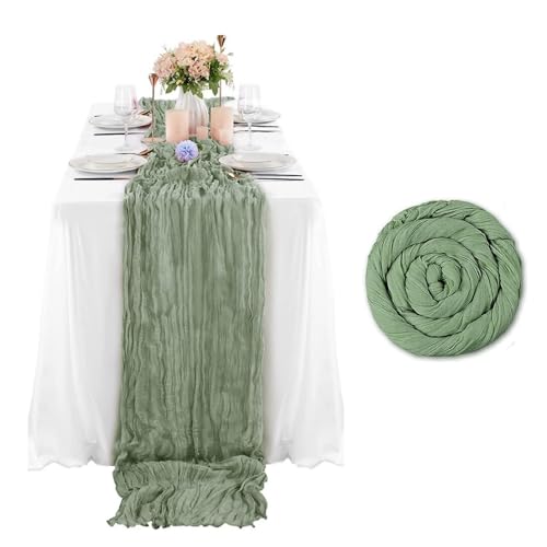 Chemins de Table en étamine Vert Sauge,90 x 400 cm Cheesecloth Tablerunner Chemin de Table Mariage Tissu de Gaze Rustique pour Mariage...