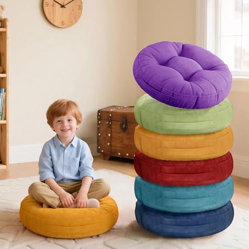 Degrees of Comfort 6Pcs Round Floor Cushions for Kids, Waterproof Flexible Seating for Classroom Elementary, Safe Smolder Resistance Sitting Pillows with Handles, 15-inch, Assorted