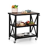 PHI VILLA Portable Outdoor Serving Cart Table with Ceramic Wood-Like Tabletop, Metal Frame and Lockable Wheels for Patio Kitchen Island or Bar Cart