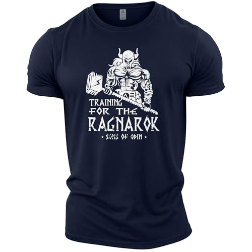 GYMTIER Sons of Odin - Training for Ragnarok Vikings - Men's Gym T-Shirt Bodybuilding Training Workout Lifting Top Clothing, Navy, XL