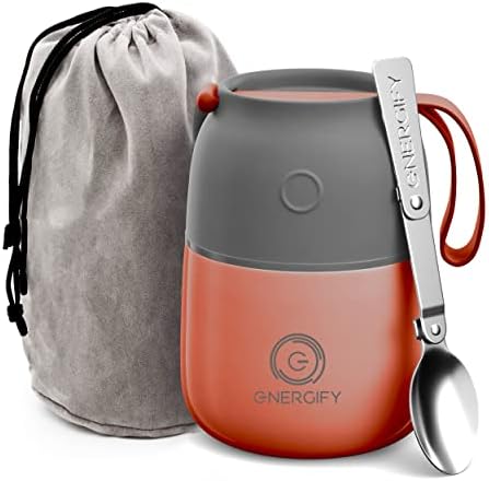Energify Vacuum Insulated Food Jar. 12oz Thermos Includes Folding Spoon, Bag and Cup. Hot & Cold Drinks, Lunch Container for Kids and Adults. Premium BPA-Free Stainless Steel, Leak Proof, Fusion Coral
