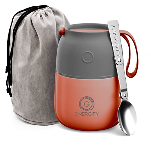 Energify Vacuum Insulated Food Jar. 12Oz Thermos Includes Folding Spoon, Bag And Cup. Hot & Cold Drinks, Lunch Container For Kids And Adults. Premium Bpa-Free Stainless Steel, Leak Proof, Fusion Coral #TOP2