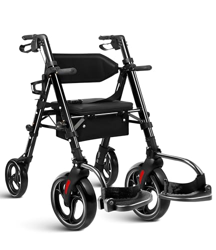 Foldable Rollator Walker with Seat for Seniors & Adults Lightweight 2-in-1 Walker and Wheelchair Combo Adjustable Handle Height and Seat Transport Chair with Brakes 300 lbs Weight Capacity
