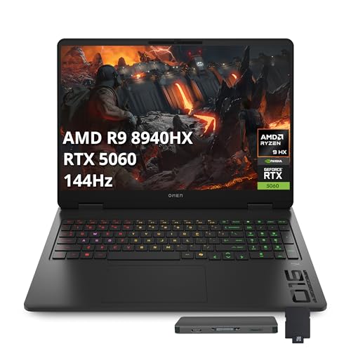Image of HP Omen 16 inch 2K 144Hz Gaming Laptop, AMD Ryzen 9 8940HX, GeForce RTX 5060 Graphics, 32GB DDR5, 1TB SSD, 4-Zone RGB Backlit Keyboard, Copilot, Win 11 Pro, Shadow Black, 1TB Docking Station Set