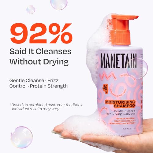 Image of MANETAIN Moisturising Shampoo 237ml for Curly, Dry & Frizzy Hair | Sulphate & Paraben Free | Hydrates & Strengthens with Baobab Protein, Seaweed & Marshmallow Extract | CG-Friendly, Gentle Cleanser for Soft, Defined Curls