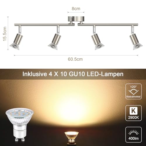 Defurhome LED Deckenleuchte Drehbar, 4 Flammig Strahler Deckenlampe Spot,Modern Deckenstrahler (Mattes Nickel) für Küche, Wohnzimmer, Schlafzimmer, inkl. 4 x 4W GU10 Lampen (400LM, warmweiß)