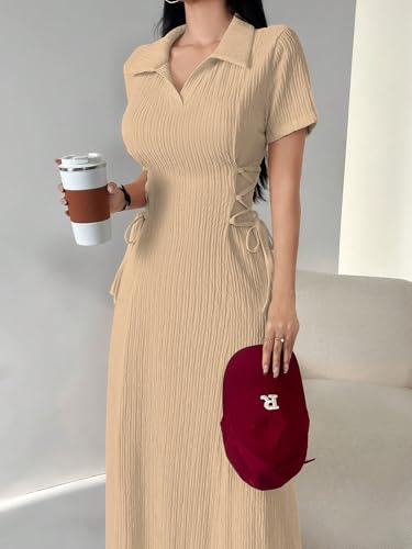 Image of Shasmi Women's Solid Color Applique Lace-Up Collared Short Sleeve, Side-Tie Waist Long Casual Maxi Women Dress Outfit Long Evening Midi Western Party Dress for Women (Dress 211)
