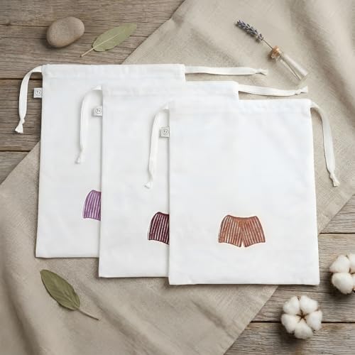 Image of Lingerie Drawstring Bags Set of 3, 15x15 inch, 100% Pure Cotton, Red Embroidery Pattern Pouch for Underwear, Swimwear, Travel Storage, Washable Beach Bags for Men (White)