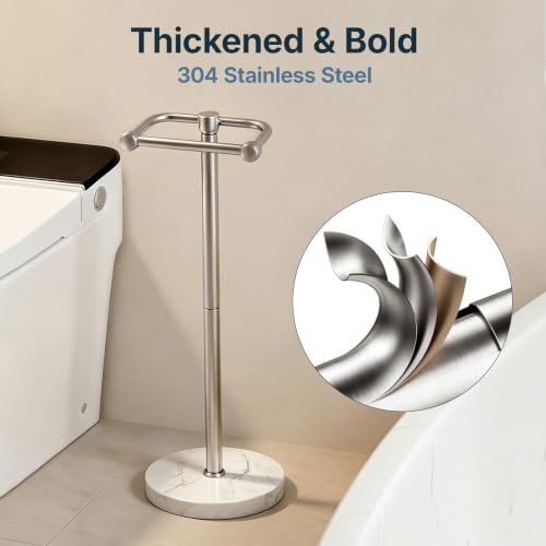Image of RARXTR Toilet Paper Holder Stand, Bathroom Free Standing Toilet Paper Stand with Modern Marble Base, Post Pivoting Toilet Paper Stand with Stainless Steel Tissue Rack, Rust-Proof (Brushed Nickel)