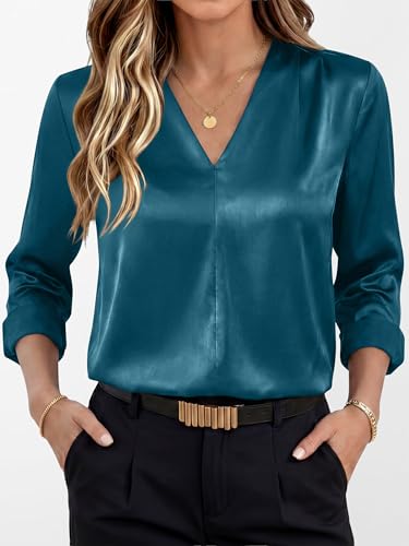 ANRABESS Women's Satin V Neck Long Sleeve Blouse Shirts,Lake Blue,L — view 6