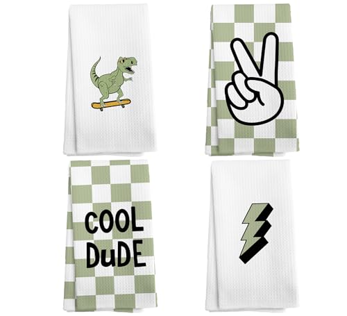 NOQL Dinosaur Bathroom Hand TowelS Set of 4, Checkered Decorative Hand Towels, Sage Green Hand Towel for Kids Bathroom, Teen Boys Drying Cloth Hand Towel for Living Room Kitchen, 16×24 Inches