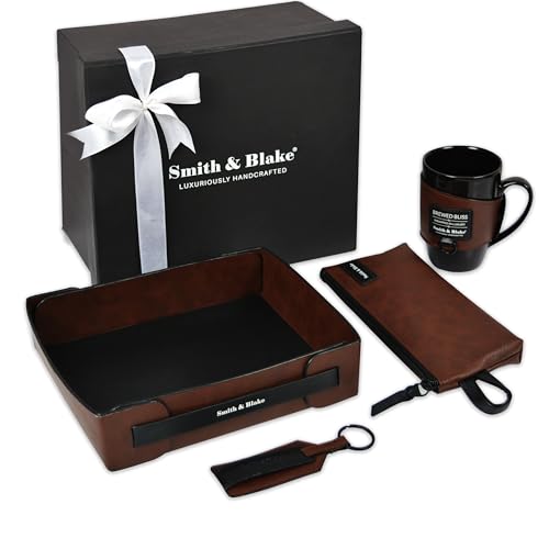 Image of Smith & Blake - Luxurious Workspace Wonders Gift Set - Desk Tray, Leatherette Wrapped Coffee Mug, Pouch, Keyring - Best Gift for Your Loved Ones - Premium & Affordable Gift Box - Brown
