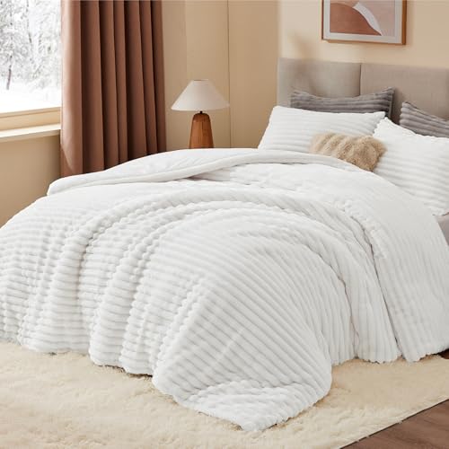BEDELITE Fleece King Comforter Set -Super Soft & Warm Fluffy Bright White Bedding, Luxury Fuzzy Heavy Bed Set for Winter with 2 Pillow Cases