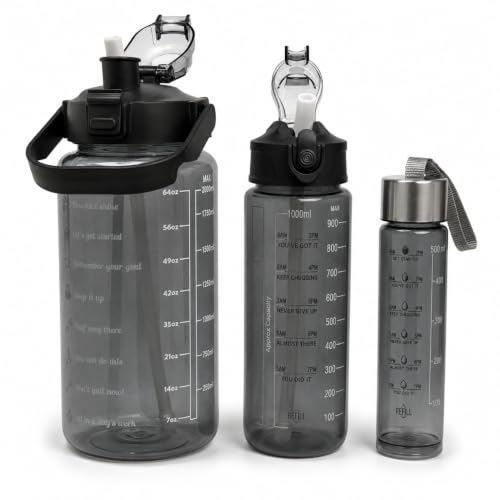 Image of Water Bottle Set of 3 with Sipper & Straw, Black