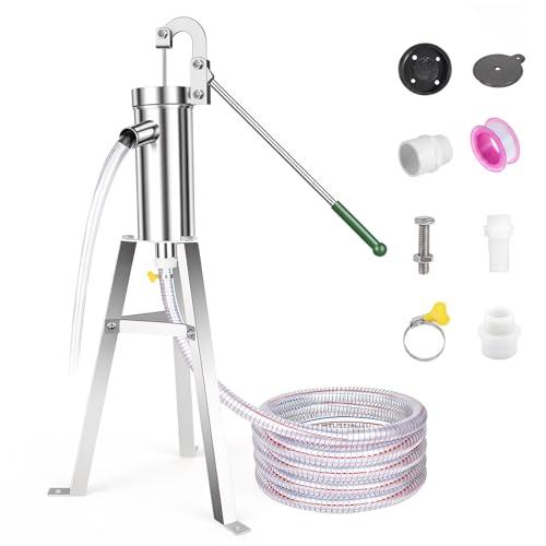 Schwengelpumpe Set Schwengelpumpe Komplett Set mit 58 cm Ständer & 5 m Schlauch Handpumpe Wasserpumpe Gartenpumpe Edelstahl Haushalt Grundwasserpumpe Brunnen für Gartenhof Hof und Bauernhof