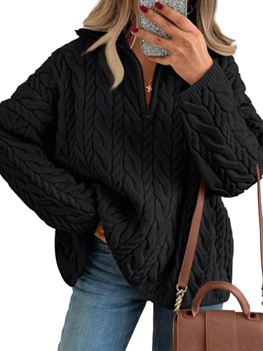 Trendy Queen Women's Oversized Sweaters Cable Knit Pullover Quarter Zip Up Chunky 2025 Fall Fashion Cozy Cotton Fisherman Winter Plus Size Cute Old Money Clothes Outfits Black S