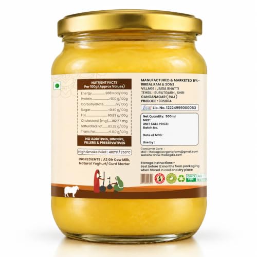 Image of The Bagdis Organic A2 Gir Cow Cultured Ghee | Vedic Bilona Method | Grass-Fed | 100% Pure & Natural Ghee Glass Bottle 500ml Glyphosate Free