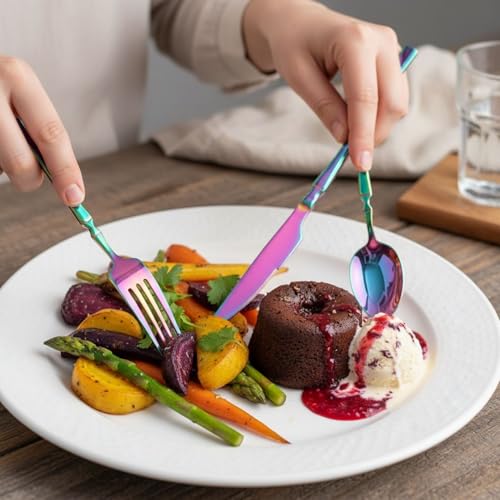 Image of 10 Pcs Rainbow Cutlery Set for Dining Table the Perfect Lightweight Silim Handle Tableware Including Dinner Spoon, Dinner Fork, Dinner Knife, Dessert Spoon & Dessert Fork