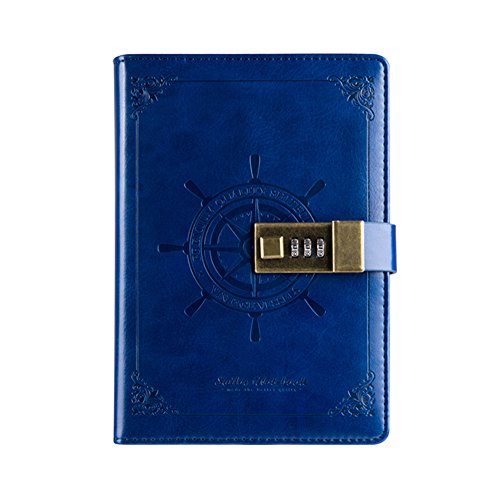 SAIBANG Carnet de notes en cuir synthétique avec cadenas à combinaison, emplacements pour cartes, porte-stylo, format B6 - Bleu