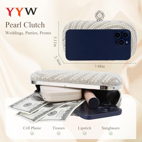 Image of YYW Womens Pearl Clutch Purse Evening Handbags Beaded Bag for Wedding Bride Party with Chain