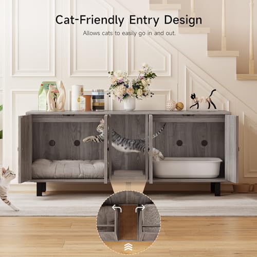 Image of ONBRILL 59 Inches Cat Litter Box Enclosure for 2 Cats, Hidden Litter Boxes Furniture with Cat Scratch Pad, Large Indoor Pet House with Double Room, Wooden TV Stand Side Table, Grey