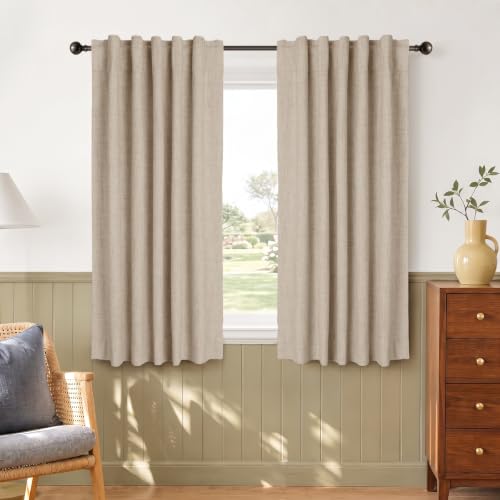 Image of Linen Textured Total Blackout Curtains for Bedroom 54 Inches Long, Oatmeal | 100% Blackout Shield, Back Tab /Rod Pocket Living Room Drapes, Thermal Insulated Blackout Curtains 2 Panels Set, 42 inchW x 54 inchL