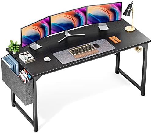 OLIXIS Computer Desk Home Office 63 Inch Writing Study Work Desk with Storage Bag, Headphone Hooks, Large Simple Modern Wood Kids Student PC Table - Black