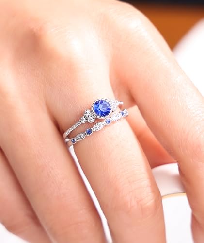 Created Round Cut Sapphire Wedding Rings Set For Women, Marquise CZ Engagement Rings For Women, Rhodium-Plated Copper Blue CZ Promise Ring, Simulated Diamond Anniversary Rings for Size 6-103