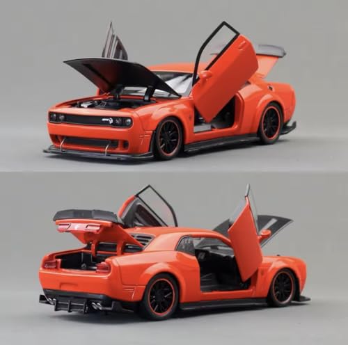 Image of Die-Cast Car Model 1:32 Scale Challenger SRT| Alloy Metal Car with Openable Doors, Hood & Trunk | LED Headlight & Taillight with Sound | Pull Back Toy for Kids & Collectors (Orange)