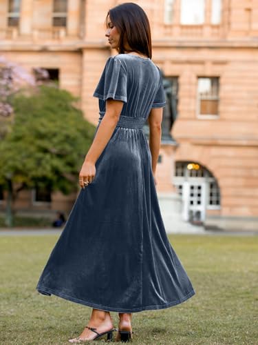 Image of Simplee Women's Velvet Maxi Dress V Neck Short Sleeve Empire Waist Semi Formal Long Cocktail Dresses