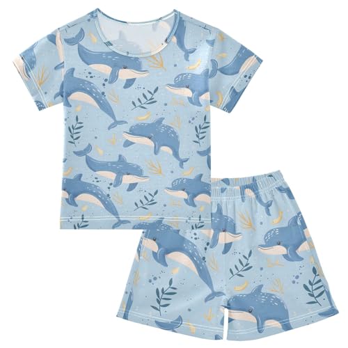 ALAZA Dolphin Leaf Cartoon Blue Pajamas Short Sleeve 2 Piece Sleepwear Top and Bottom Pajama Set Unisex