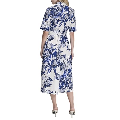 Image of DKNY Women's Short Sleeve Cotton Poplin Collared Midi Shirtdress