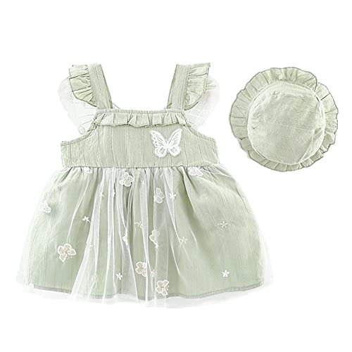 Toddler Baby Girls Floral Print Bowknot Dress Boho Ruffle Princess Birthday Party Casual Beach Dresses Summer Sleeveless Swing Sundress with Straw Hat Clothes Set Green Butterfly 6-12 Months