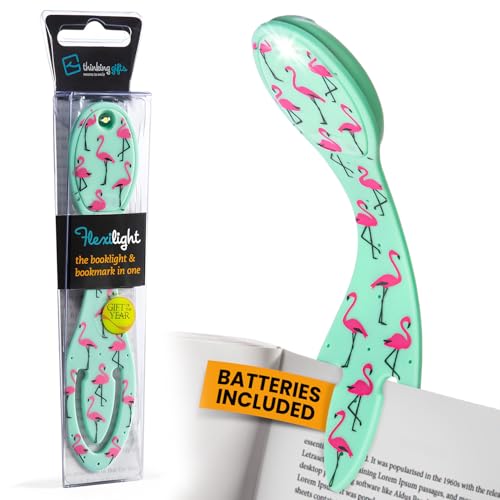 Image of Gifts for Readers & Writers Book Light, Clip On Reading Light for Bed, 2in1 Flexilight & Bookmark, Small & Lightweight with a Soft Glow, 2 Batteries Included, Flamingo