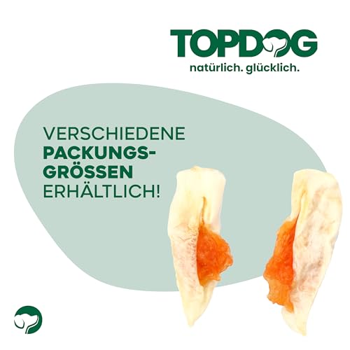 Topdog Kaninchenohren für Hunde 12 x 70g - Ohne Fell - Getrocknete Hasenohren mit Hühnchenfilet - 100% natürlich ohne Zusatzstoffe und fettarm - Idealer Kausnack mit intensivem Geschmack
