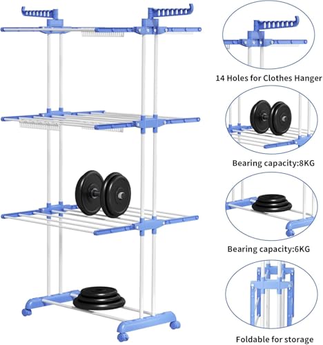 Image of LUCCI Clothes Drying Rack, Folding Clothes Rail Storage Stand, 3 Tier Stainless Steel Laundry Garment Dryer with Dual Side Wings, Heavy Duty Portable Clothes Horse Organizer for Indoor Outdoor Use