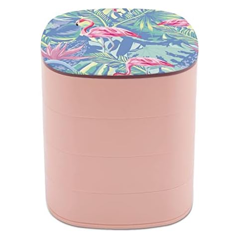 Green Monstera Red Silk Flamingo Small Jewelry Box, Portable Travel Jewelry Organizer Holder for Women Girls, Men Storage Case for Rings Necklace Earrings Bracelets Accessory Collections Cover
