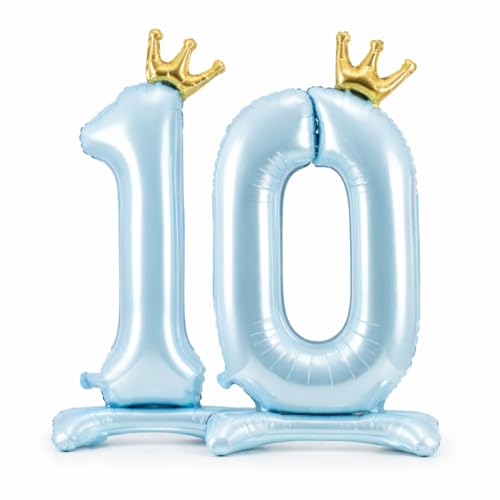 Lot de Ballons Chiffre 10 Bleu Clair (1+0) XXL Debout 84 cm – Ballons Géants Mylar avec Couronnes Dorées – Déco Anniversaire 10 Ans Garçon & Fête –...