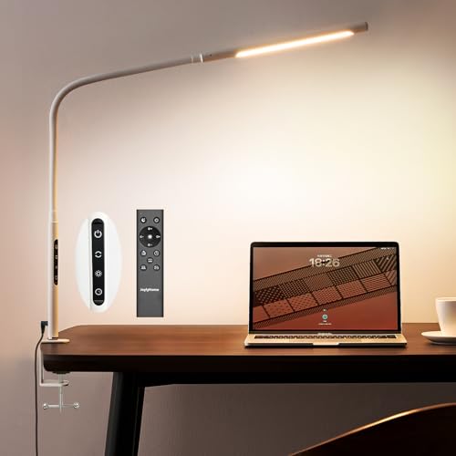 Joyly Home デスクライト LEDクリップライト 【無線リモコン操作、高輝度、色温度と明るさを調整可能、タイマー機能】1150mmの長い灯臂、多角度調整可能で、デスクスペースを節約できます 、オフィス照明、デスク照明、学習用デスクライト、読書用ライトとして最適です (ホワイト)