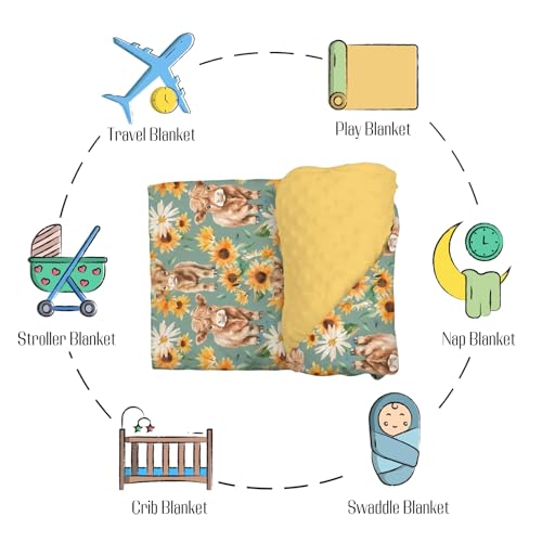 Image of Mink Baby Girl Blanket Highland Cow Sunflower, Western Cowgirl Calf Flower Soft Double Layer Dotted Backing Receiving Swaddle, Fall Autumn Newborn Infant Toddler Nursery Crib Bedding Shower Gift 30x40