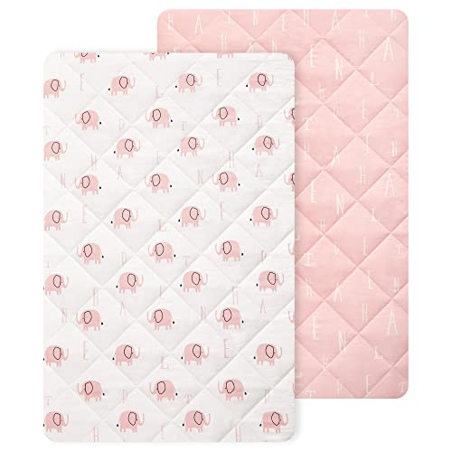 Image of TILLYOU Pack n Play Sheets Pad 2 Pack - Thick Crib Sheets Pad, Soft Quilted Sheets with 1''-3'' Deep Pocket, Breathable Fluffy Crib Mattress Pad, 39"x27", Pink Elephant & Pink Letters