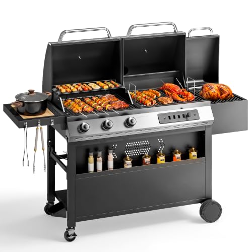 Image of Captiva Designs 3 Burner Gas Charcoal Combo Grill with Offset Smoker, Black