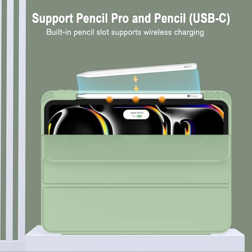 Image of ZryXal New iPad Pro 13 Inch Case (M5) 2025 / (M4) 2024 with Pencil Holder, Smart iPad Case [Support Pencil Pro and Pencil (USB-C)], Support Touch ID and Auto Wake /Sleep (Matcha Green)