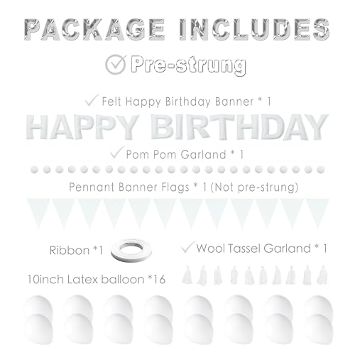 Image of White Themed Birthday Decoration Set, White Pre-Strung 3D Felt Happy Birthday Banners, Pom-Pom Garland, Party Pennant Felt Banner Flags, Tassel Garland, Balloons, Reusable Party Decor,Photo Prop