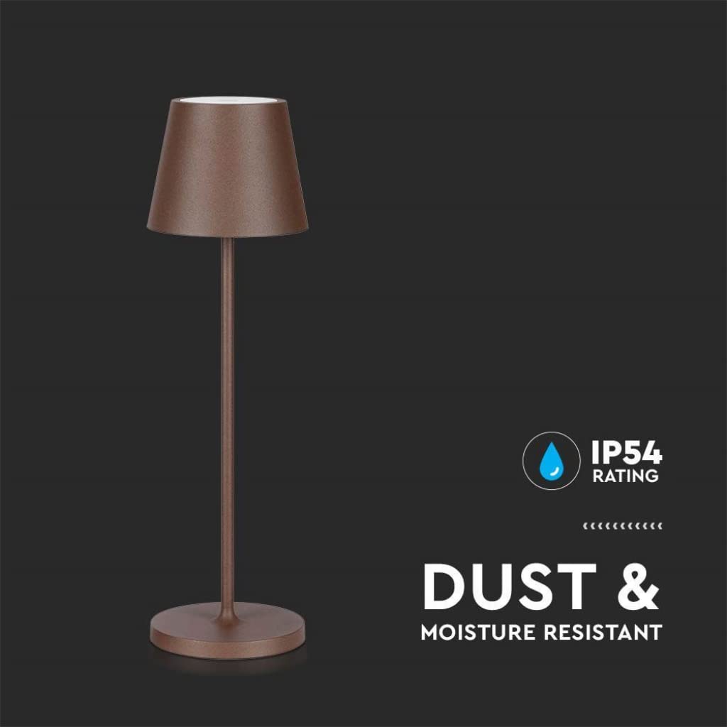 V-TAC Lampada da Tavolo senza Fili LED Dimmerabile in Alluminio – Lampada Marrone Wireless per Uso Interno ed Esterno IP54 da Casa o Ristorante – Design Elegante – Luce Bianca Calda