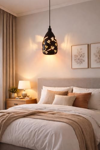 Image of Modern Black Hanging Pendant Light with Geometric Cut Design, Warm Glow Decorative Ceiling Lamp for Living Room, Bedroom, Dining Area, Cafe & Home Decor
