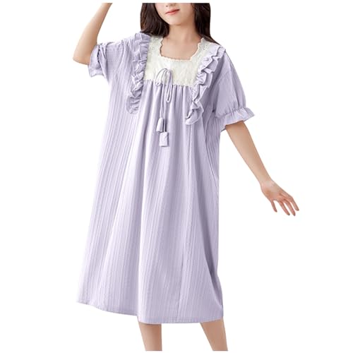 Girls Short Sleeve Nightgowns Lace Square Neck Ruffle Dress Soft Cotton Cute Nightdress Sleepwear