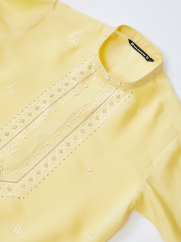 Image of See Designs Men's Long Sleeve Mandarin Collar Side Slit Cream Embroidered Chanderi Silk Straight Kurta with Pyjama