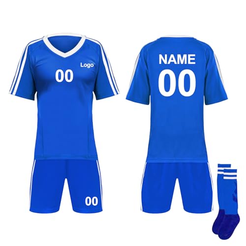 TopTie Custom Soccer Jersey, Shoulder Striped Soccer Shirts, with Jersey, Shorts and Socks-Royal Blue-XL