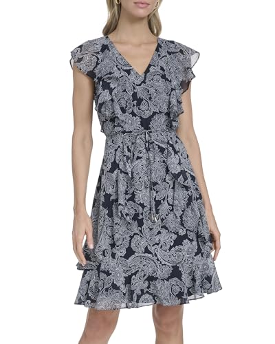 Image of Tommy Hilfiger Women's Sleeveless V-Neck Ruffle Trim Tie Waist Chiffon Mini Dress